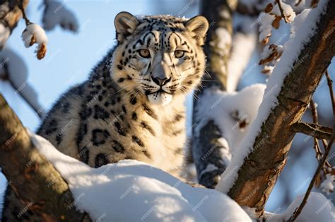 Premium AI Image | a snow leopard sitting in a tree in the snow