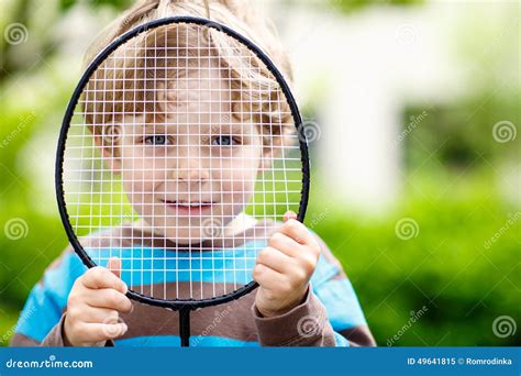 Little Cute Funny Kid Boy Playing Badminton in Domestic Garden Stock Image - Image of activity ...