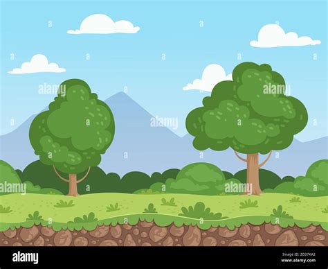 Seamless cartoon landscape. Parallax nature panorama ground with grass trees and rocks vector ...