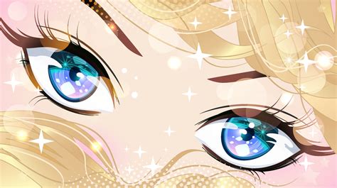 Blue eyes of a girl with blonde hair with sequins in anime style ...