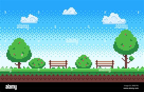 Pixel park. Retro 8 bit game blue sky, pixels trees and parks bench. Game level scene, gaming ...