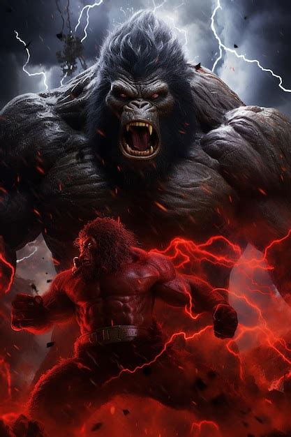 Premium AI Image | godzilla and kong vs an evil red kong in the middle out on a stormy night in ...