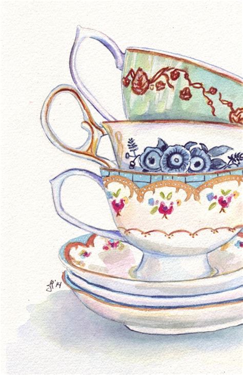 Teacups Still Life Watercolor Painting Stack of Tea Cups | Etsy | Watercolor teacup, Watercolor ...