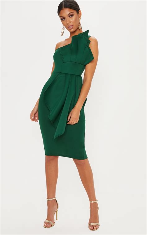 Emerald Green One Shoulder Midi Dress | PrettyLittleThing