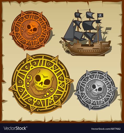 Symbolic set pirate attributes seal and ship Vector Image