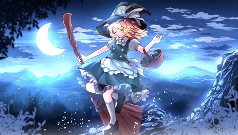 Wallpaper : night, anime girls, hat, Touhou, Moon, witch, Kirisame ...