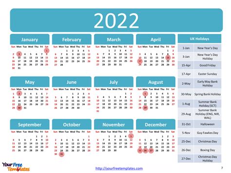 2022 Calendar With Bank Holidays Printable