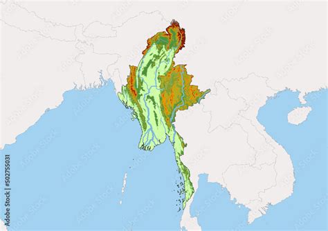 High detailed vector Myanmar physical map, topographic map of Myanmar ...