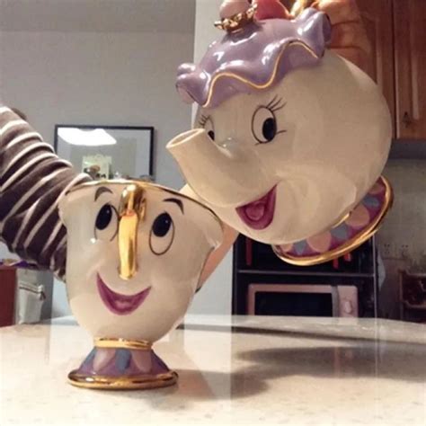 Cartoon Beauty And The Beast Teapot Mug Mrs Potts Chip Tea Pot Cup Set Porcelain Gift 18K Gold ...