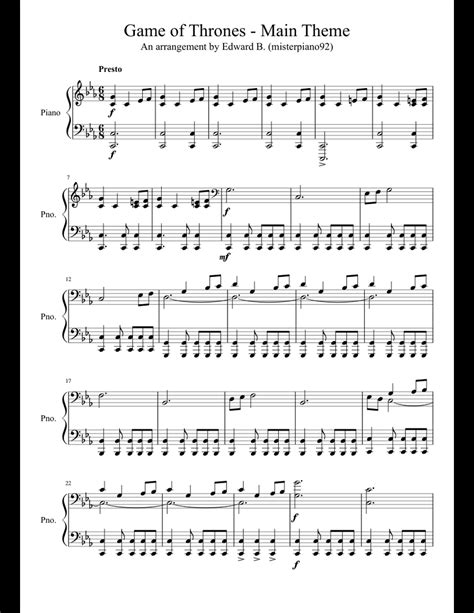 Game of Thrones - Main Theme sheet music for Piano download free in PDF ...