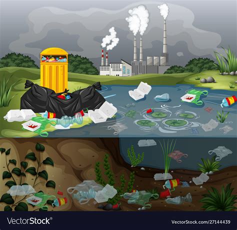 Water pollution with plastic bags in river Vector Image