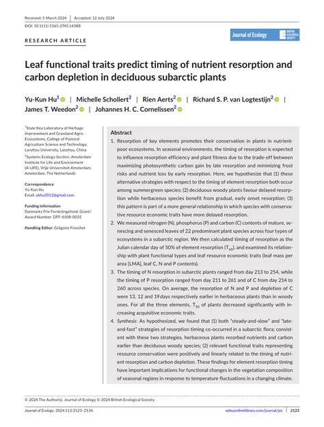 Leaf functional traits predict timing of nutrient resorption and carbon depletion in deciduous ...