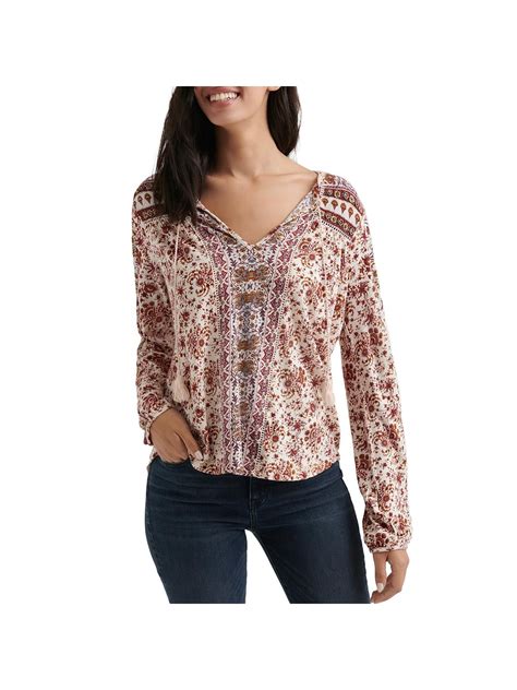 Lucky Brand - Lucky Brand Womens Print V-Neck Peasant Top Beige S - Walmart.com - Walmart.com