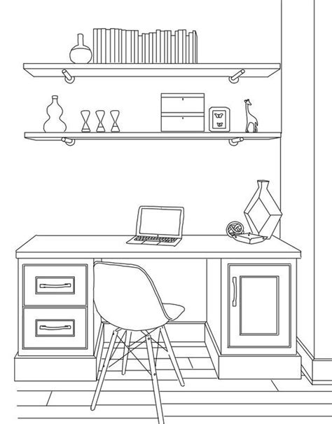 an outline drawing of a desk with a laptop and bookshelf in the background