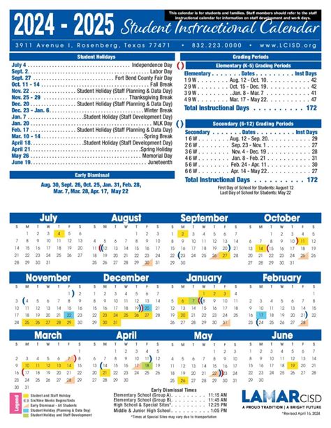 Lamar Consolidated Independent School District Calendar 2024-2025