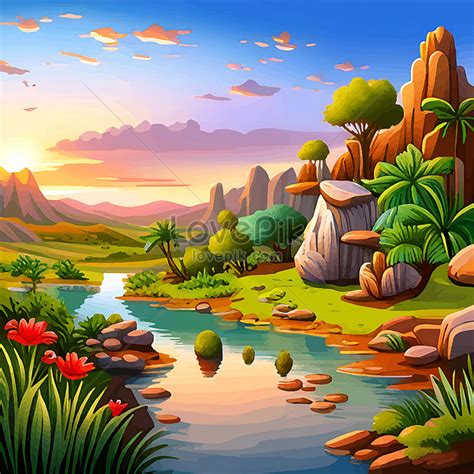 Beautiful Nature Landscape In Cartoon Style. Vector Illustration For ...