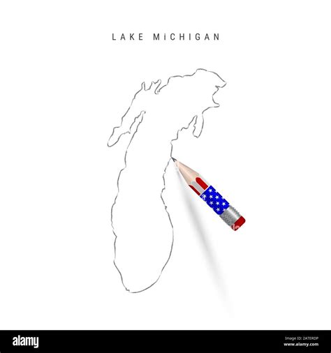 Lago Michigan mappa matita schizzo. Lago Michigan contorno mappa con matita 3D in american flag ...