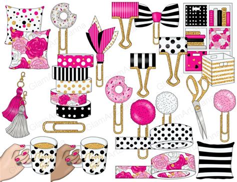 pink and black items with polka dots, stripes, donuts, tassels