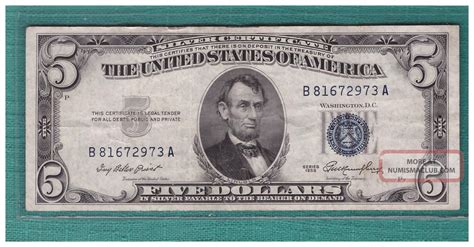 $5 1953 Five Dollars Bill Blue Seal Silver Certificate Note Old ...