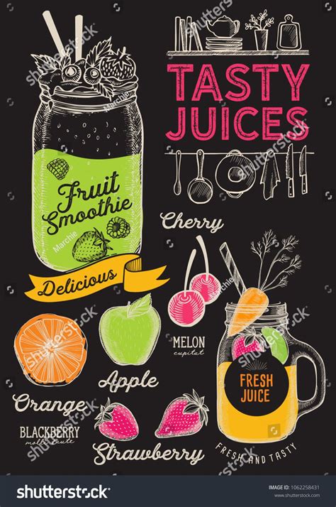 Juice and smoothie restaurant menu. Vector drink flyer for bar and cafe. Design template with ...