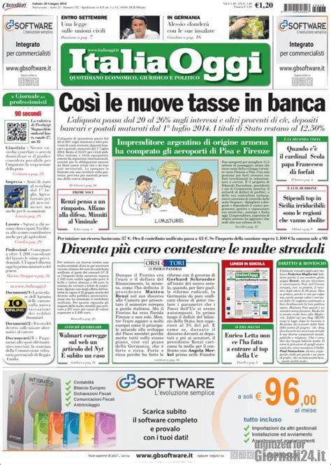 Newspaper Italia Oggi (Italy). Newspapers in Italy. Saturday's edition, June 28 of 2014. Kiosko.net