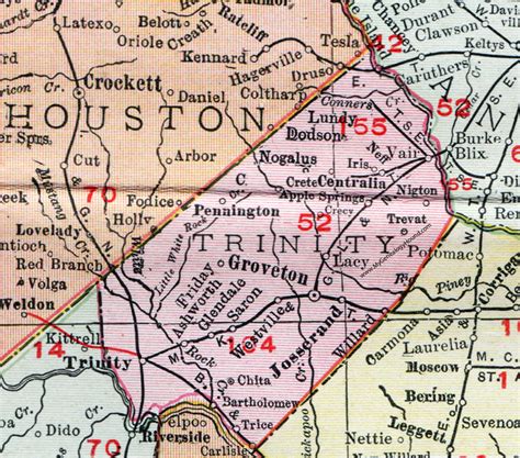 Trinity County, Texas, Map, 1911, Groveton, Trinity City, Josserand ...