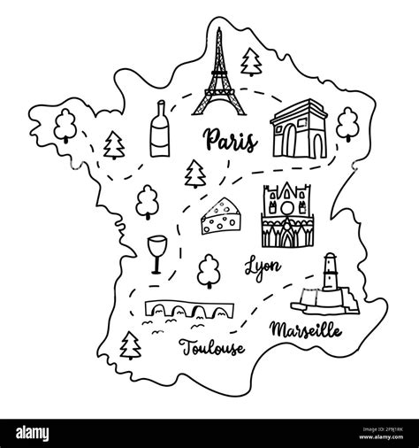 hand drawn doodle illustrated map of France with famous landmarks, trees, national symbols ...