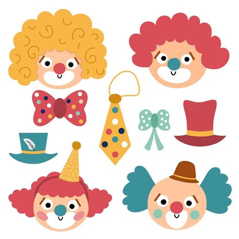 Vector set with clown faces. Circus artists avatars clipart. Amusement holiday icons pack. Cute ...