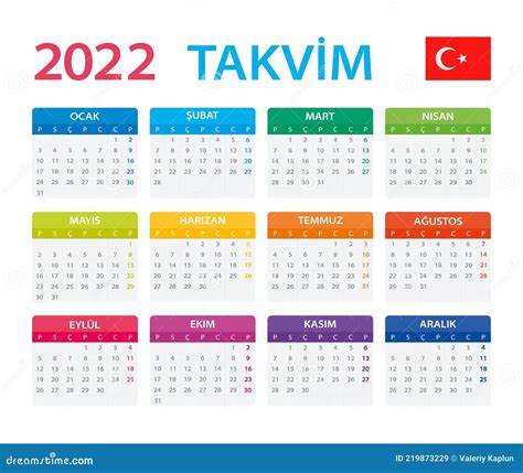 2022 Calendar Turkish - Vector Illustration, Turkish Version. Translation: Calendar. Names of ...