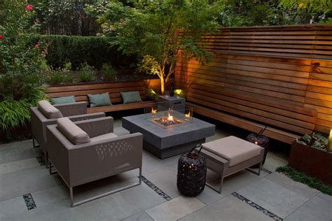 fire-pit-coffee-table-Patio-Contemporary-with-beige-outdoor-cushions-built-in-bench-bushes-fire ...