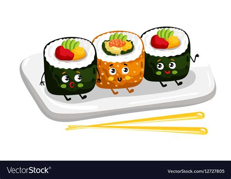 Funny sushi roll set on plate cartoon character Vector Image