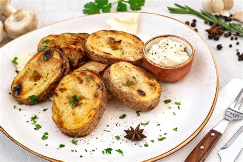 Rustic Baked Potato with Cream Sauce and Spices on a Serving Platter ...