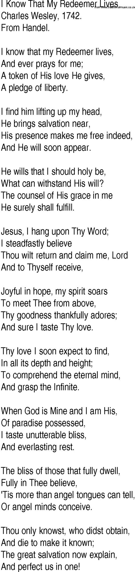 Hymn and Gospel Song Lyrics for I Know That My Redeemer Lives by Charles Wesley