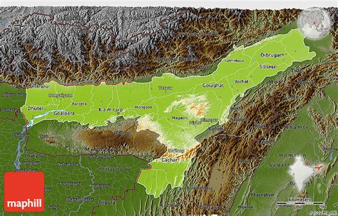 Physical 3D Map of Assam, darken