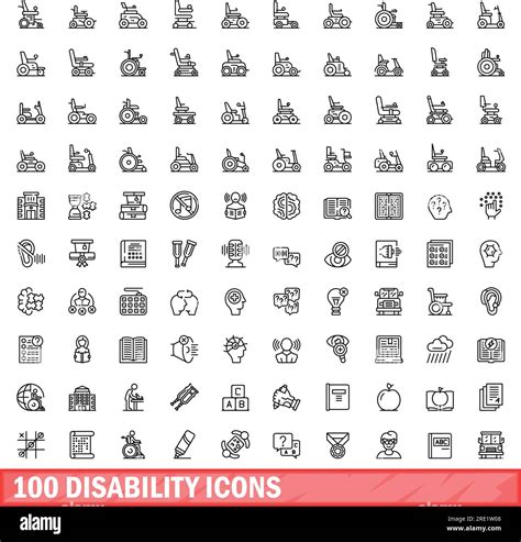 100 disability icons set. Outline illustration of 100 disability icons vector set isolated on ...