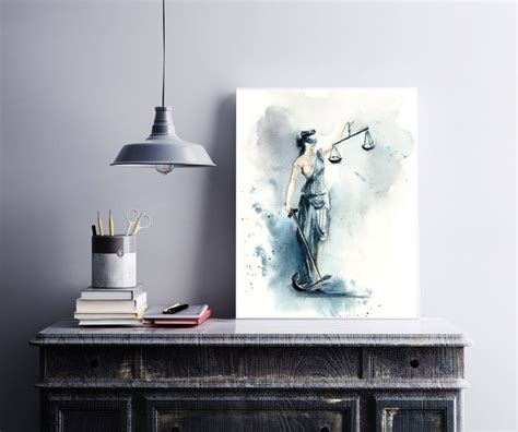 Lady Justice Art Print, Blue Watercolor Painting Art, Lawyer Office Wall Decor Giclee Fine Art ...