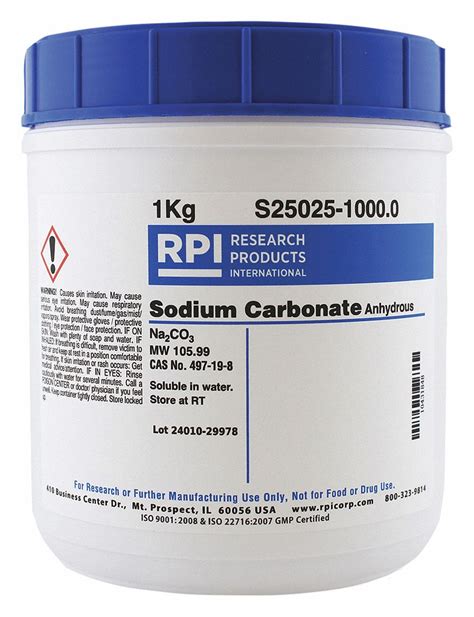 RPI Sodium Carbonate Anhydrous: 1 kg Container Size, Powder - 31GD87|S25025-1000.0 - Grainger