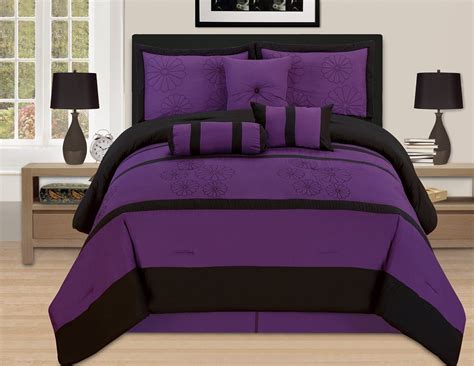 7 Pieces Luxury Embroidery King Purple Black Comforter Set Bed-in-a-Bag ...