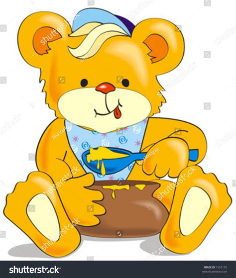 Cute Cartoon Bear Eating Honey. Vector Illustration - 1557176 ...