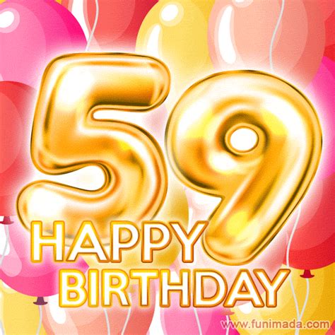 Fantastic Gold Number 59 Balloons Happy Birthday Card (Moving GIF) | Funimada.com