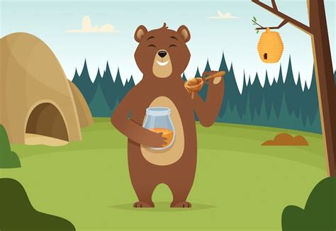 Brown bear with honey cartoon | Premium Vector