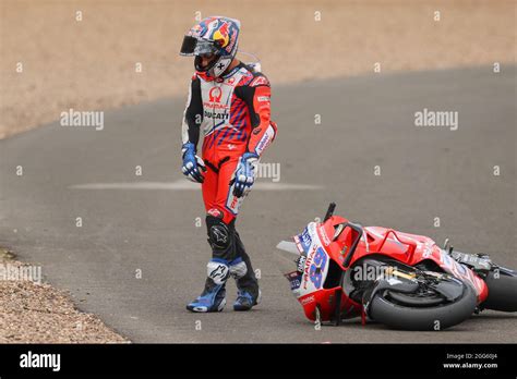 Jorge Martin of Pramac Racing crashes out during the Monster Energy British Grand Prix MotoGP at ...