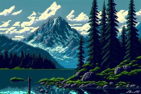 Mountain Lake Landscape Pixel Art Graphic by Alone Art · Creative Fabrica