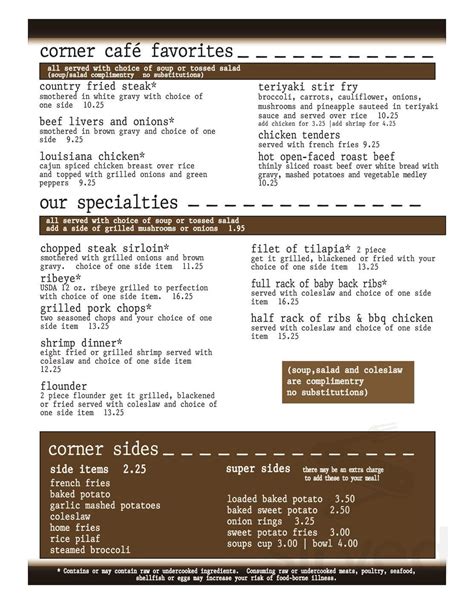 Corner Cafe menu in Zebulon, Georgia, USA