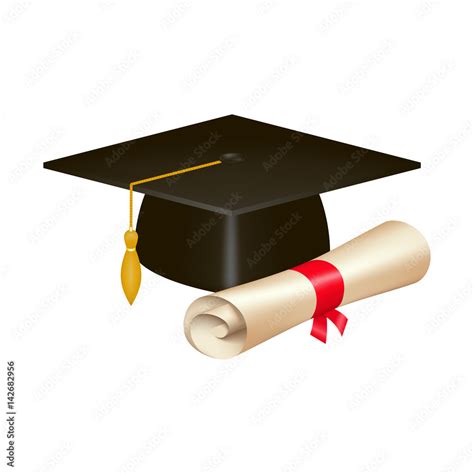 Realistic graduation cap and diploma scroll isolated on white background. Academic hat with ...