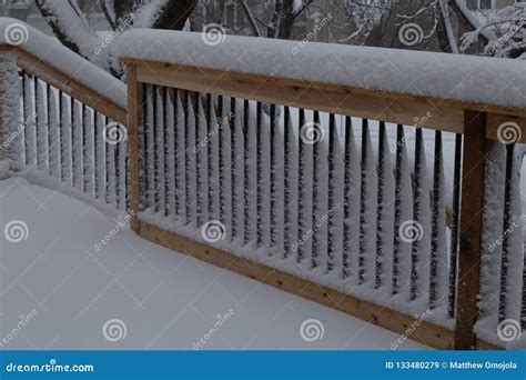 Fresh Snow Coating Railing on a Deck and Stair Case Stock Image - Image ...