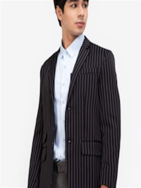 Buy ZALORA BASICS Men Black & White Striped Single Breasted Blazer ...