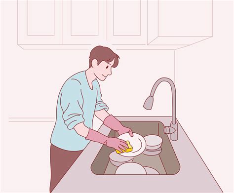 A man is washing the dishes. Hand drawn style vector design ...