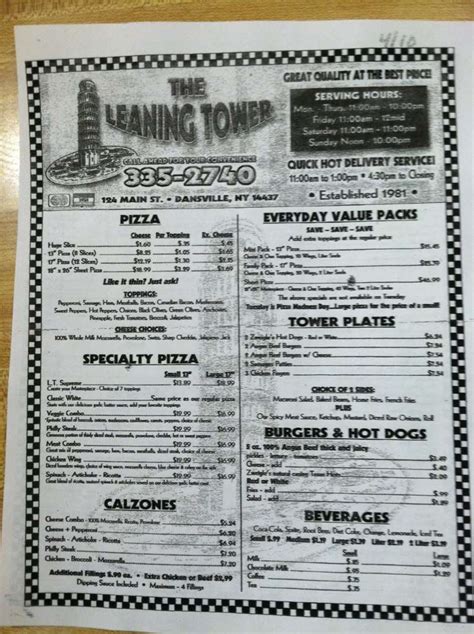 Leaning Tower Menu, Menu for Leaning Tower, Dansville, Dansville - Urbanspoon/Zomato