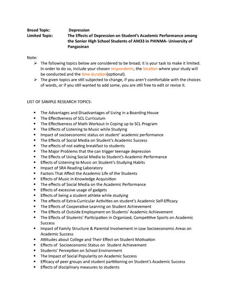 List of Research Topics - Broad Topic: Depression Limited Topic: The ...